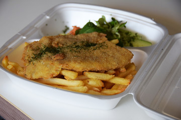 fish fried in breadcrumbs fries and a salad of fresh cucumber and grated carrot in a disposable container