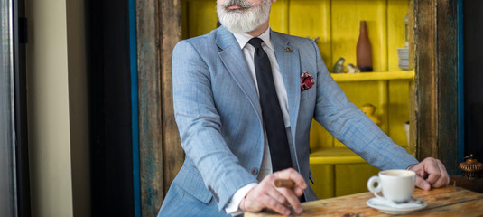 Older gentleman, Man with groomed beard in expensive custom tailored suit standing and posing...