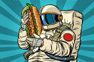 astronaut with a hot dog, street fast food