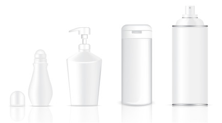 Mock up Realistic White Cosmetic Gel Soap, Skincare Lotion, Shampoo, Deodorant and Spray Bottles Product Set on White Background Illustration