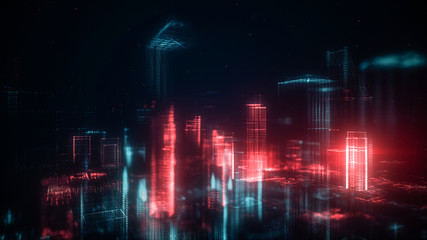 Digital abstract city made of glowing dots. Business skyscrapers. Architectural technology structure of the red and blue lines, dots and particles. Connection concept. 3d rendering