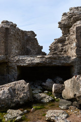 Bunker ruins near the Baltic Sea beach, part of the old fortress in the former Soviet Union base "Karosta" in Liepaja, Latvia. Photographed in summer.