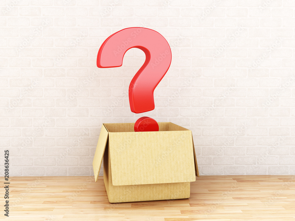 Poster 3d question mark in an open box.