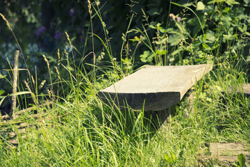 Low wooden bench in the grass under sunlight. Place of rest