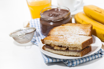 sweet sandwich with chocolate paste and banana for breakfast