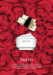 Opened cream on red roses background
