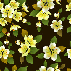Fototapeta na wymiar Vector seamless spring background with white and pink flowers with green and yellow leaves
