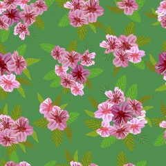 Foto auf Alu-Dibond Vector seamless spring background with white and pink flowers with green and yellow leaves © dobrik72