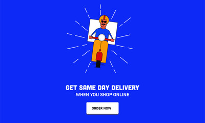 Food Delivery Concept. Delivery Courier Boy delivering  food on a retro scooter