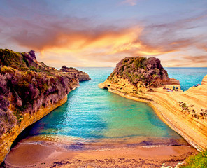 Beautiful landscape with cliffs popular Canal of Love (Canal d'Amour) on the island of Corfu,...