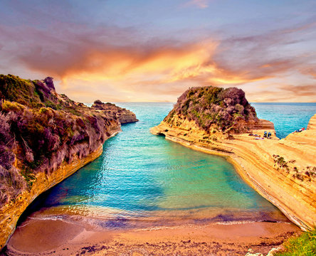 Beautiful landscape with cliffs popular Canal of Love (Canal d'Amour) on the island of Corfu, Greece at sunrise. tourist attractions. amazing charming place.