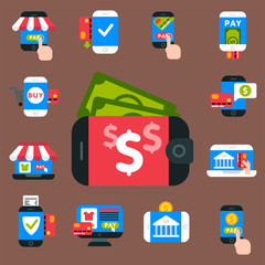Mobile payments icons vector smartphone transaction ecommerce wallet wireless connection banking card credit pay.