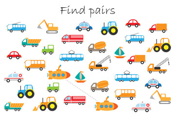 Find pairs of identical pictures, fun education game with different transport for children, preschool worksheet activity for kids, task for the development of logical thinking, vector illustration - 208639293