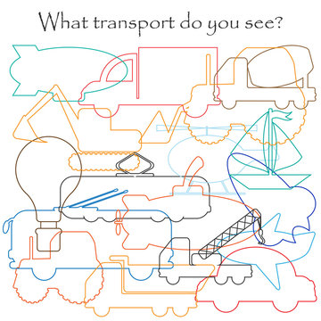 Find hidden objects on the picture, transport theme, mishmash contour set, fun education game for kids, preschool activity for children, vector illustration