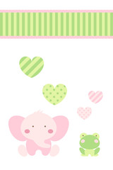Baby shower - happy pink elephant and green frog celebrate love under heart and ribbon