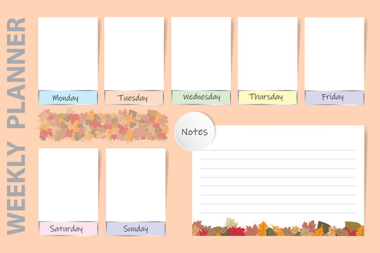 Seasonal weekly planner on the light orange background with autumn leaves design. Chart for notes and white charts for each day of the week are ready for your text. 