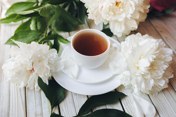White cup of morning tea and white peonies on light gray wooden background. Top view, concept.