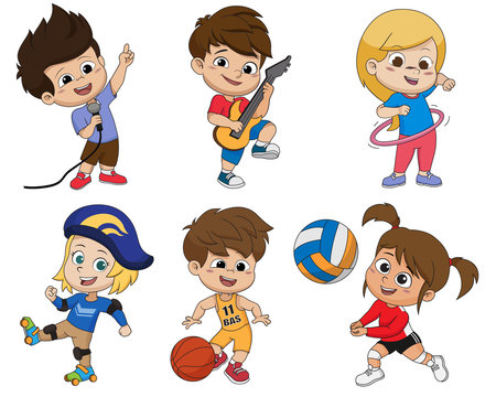Set of kid activity,kid sings a song,playing a guitar,playing hula hoop,playing roller skates,playing a basketball,playing volleyball.vector and illustration.