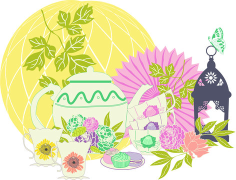 Elegant vector pastel vintage garden tea party illustration with teapot, teacups, cakes, flowers, lantern, decorations. Ideal for framing, placement print on apparel, scrap booking, invitations, cards