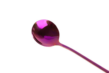 Colorful purple stainless steel spoon isolated on white background close-up