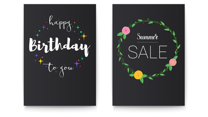 Set of Happy Birthday and Summer sale posters with lettering design. Poster with pictures of flowers with foliage and hand-drawn elements. Calligraphy for prints, posters, invitations