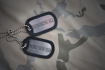 army blank, dog tag with text honoring all who served on the khaki texture background.