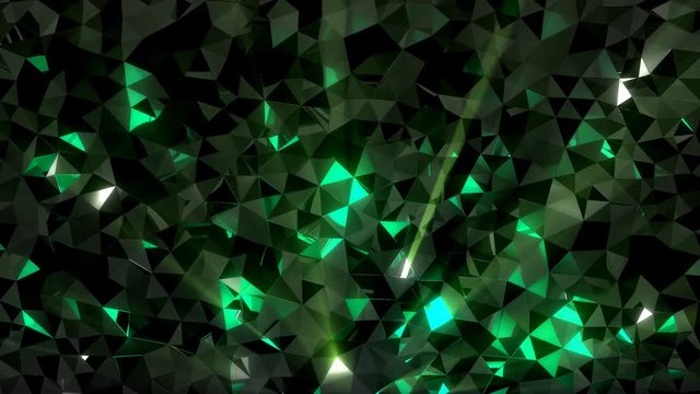 Low-poly green crystal dark waving surface with glowing light. 3D abstract background. Seamlessly looping video