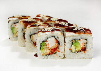 Rolls (eel, shrimp, omelet, avocado, white sauce, masaga, sesame, Unagi sauce)