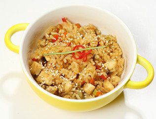 Hibachi rice with chicken (chicken, zucchini, eggplant, onion, carrot, bell pepper, ginger, Curry and Teriyaki sauce)
