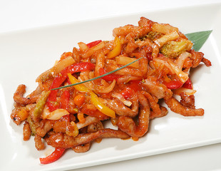 Shanghai pork (pork neck with bell peppers, onions, broccoli and pineapple in sweet and sour sauce)