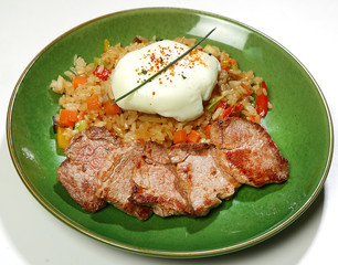 Beef Tomago (slices of beef tenderloin in Teriyaki sauce with rice, shitaki and poached egg)