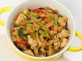 Noodles Pad Tai - rice noodles with chicken, broccoli, zucchini, sweet pepper and Pad Thai sauce