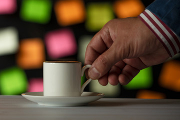 Design thinking and hand with coffee