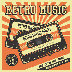 Retro Music Compact Cassette Vintage Signage Poster Vector - obrazy, fototapety, plakaty
