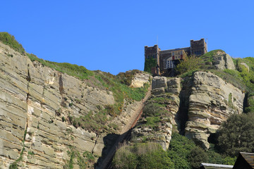 A view o f the Funicular railway train on the East cliffs at Hastings