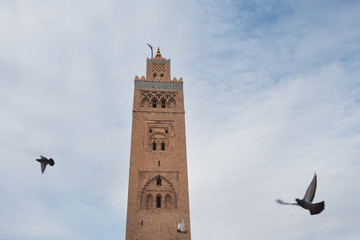 Morocco, Marrakech: photo of ancient building tower on blue sky with birds