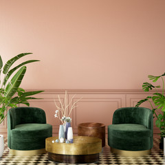  interior design for living area or reception with deep pink wall , armchair,plant,on tile floor and green and pink classic wall background / 3d illustration,3d rendering