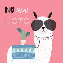 Hand drawn cute card with llama,glasses and cactus. llama not drama © piixypeach