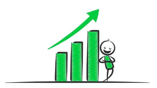 Stick figure animation, stick man animated video about inflation. Inflation bar chart animated with simple stick figure businessman with upward arrow showing a successful result 