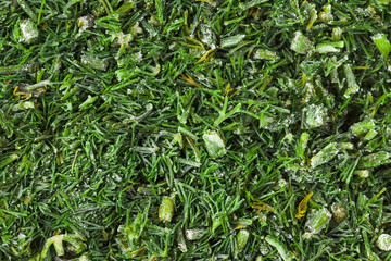 Cutting frozen fresh dill closeup