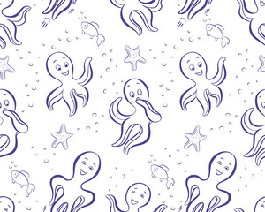 Seamless marine cartoon pattern with sea animals