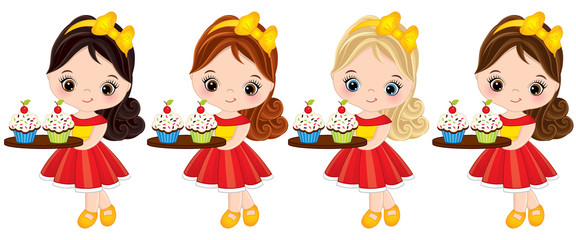 Vector Cute Little Girls Holding Trays with Cupcakes