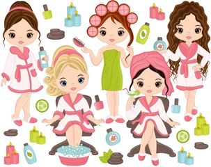 Küchenrückwand glas motiv Vector Spa Set with Young Girls and Spa Elements © TheCreativeMill