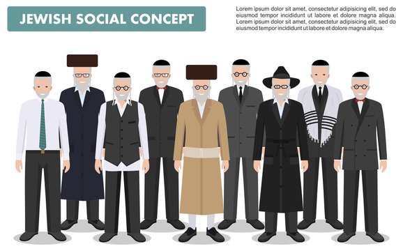 Family and social concept. Group senior jewish men standing together in different traditional clothes in flat style. Old israel people. Differences Israelis in the national dress. Vector illustration.