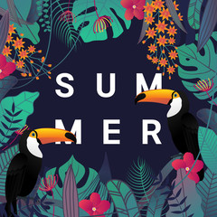 Summer banner with Toco toucan bird , typography, and tropical leaves and flower background for promotion banner, flyer, party poster, printing and website. Vector illustration. © Moko22
