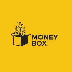 Money box logo. Prize gift with dollar coins illustration