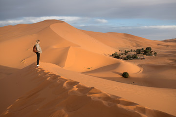 Girl with backpack standing at the top of a sand dune in Sahara desert, watching oasis in a...