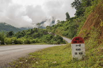 milestone with road mountain