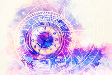 astrological symbol Zodiac and vintage pocket watch. Abstract color background. Computer collage.