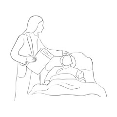 Young doctor in a hospital examining a patient touching forehead. Line drawing. Vector illustration. 